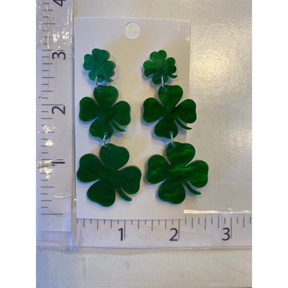 Shamrock Earrings Emerald Green Four Leaf Clover Lucky Irish St Patrick’s Day - Picture 3 of 5